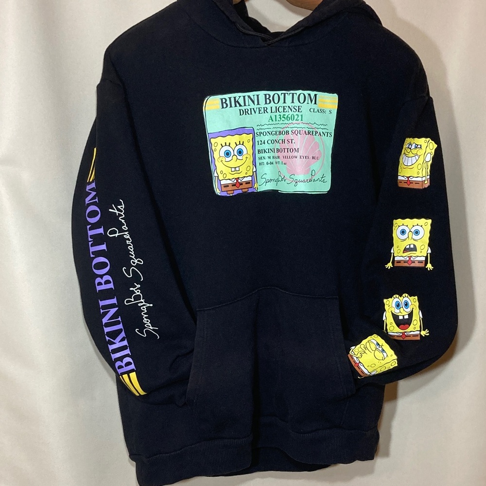 Nickelodeon SpongeBob SquarePants Black Pullover Hoodie Chest Arm Graphics Sz L